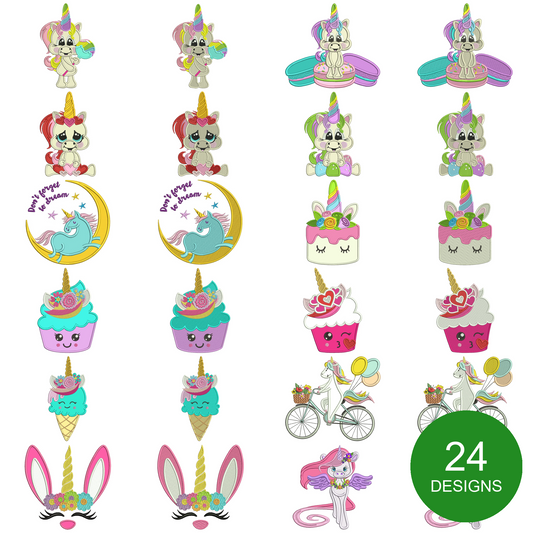 24 Unicorn Machine Embroidery Designs Bundle – 12 Applique and 12 FIlled In Designs