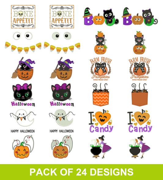 24 Halloween Embroidery Designs Value Pack Set 5 - 12 Filled and 12 Applique Instant Download Files