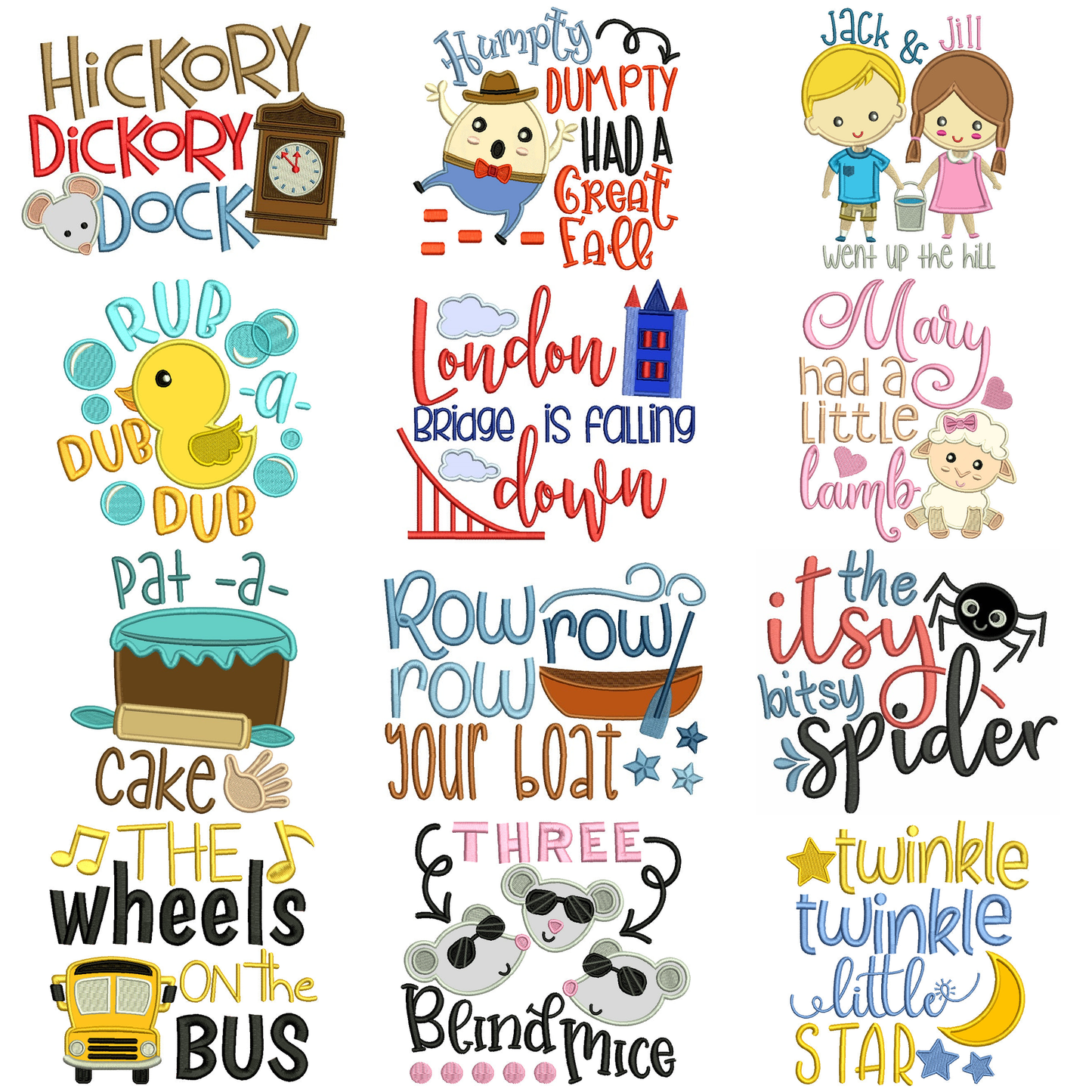 24 Children Nursery Rhymes Machine Embroidery Design Bundle Set - 12 Applique & 12 Filled In Designs