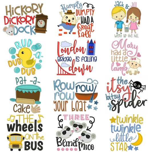 24 Children Nursery Rhymes Machine Embroidery Design Bundle Set - 12 Applique & 12 Filled In Designs