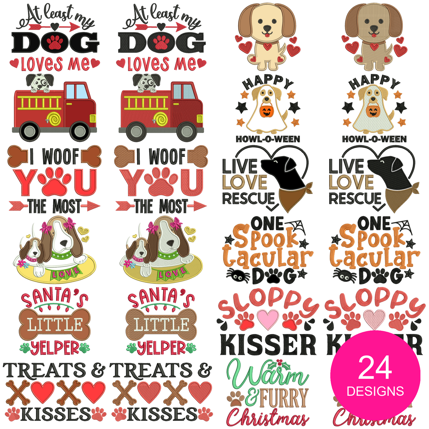 Love Dogs Power Pack 2 – 24 Dog-Themed Machine Embroidery Designs (12 applique and 12 filled in designs)