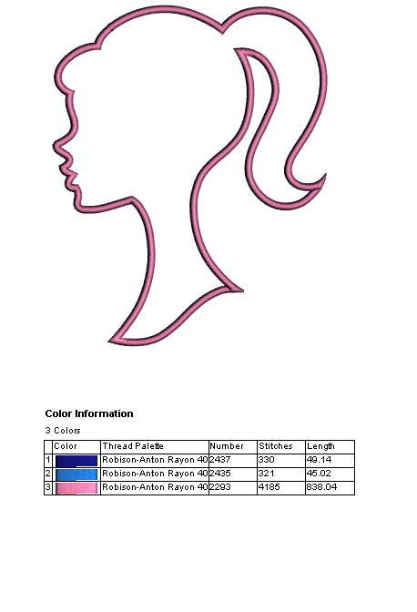 Girl Princess Head Silhouette Applique Machine Embroidery Digitized Pattern- Instant Download