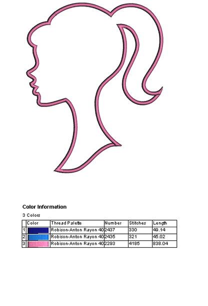 Girl Princess Head Silhouette Applique Machine Embroidery Digitized Pattern- Instant Download