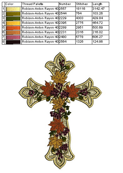 Free-Standing Lace (FSL) Cross With Fall Flowers Machine Embroidery Design - Filled