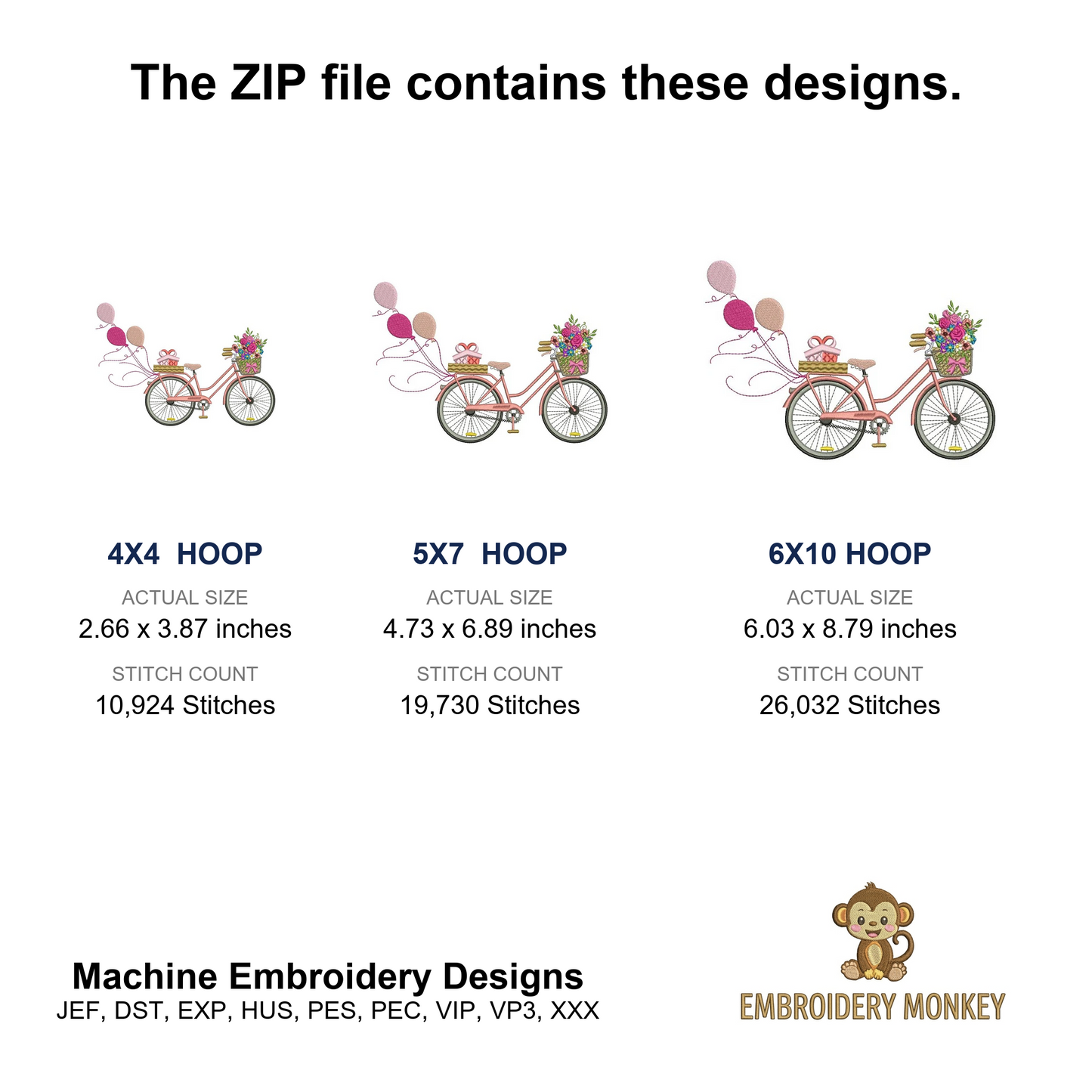 Bicycle With Flowers and Balloons Filled Machine Embroidery Digitized Design Pattern