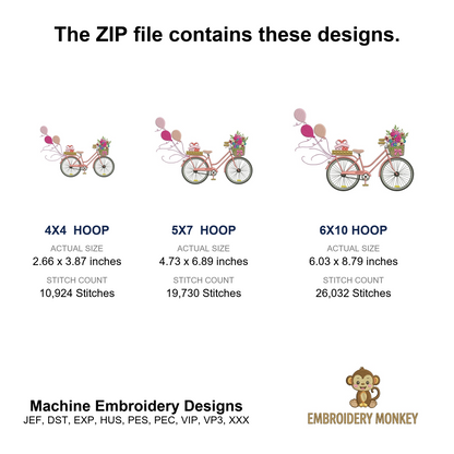 Bicycle With Flowers and Balloons Filled Machine Embroidery Digitized Design Pattern