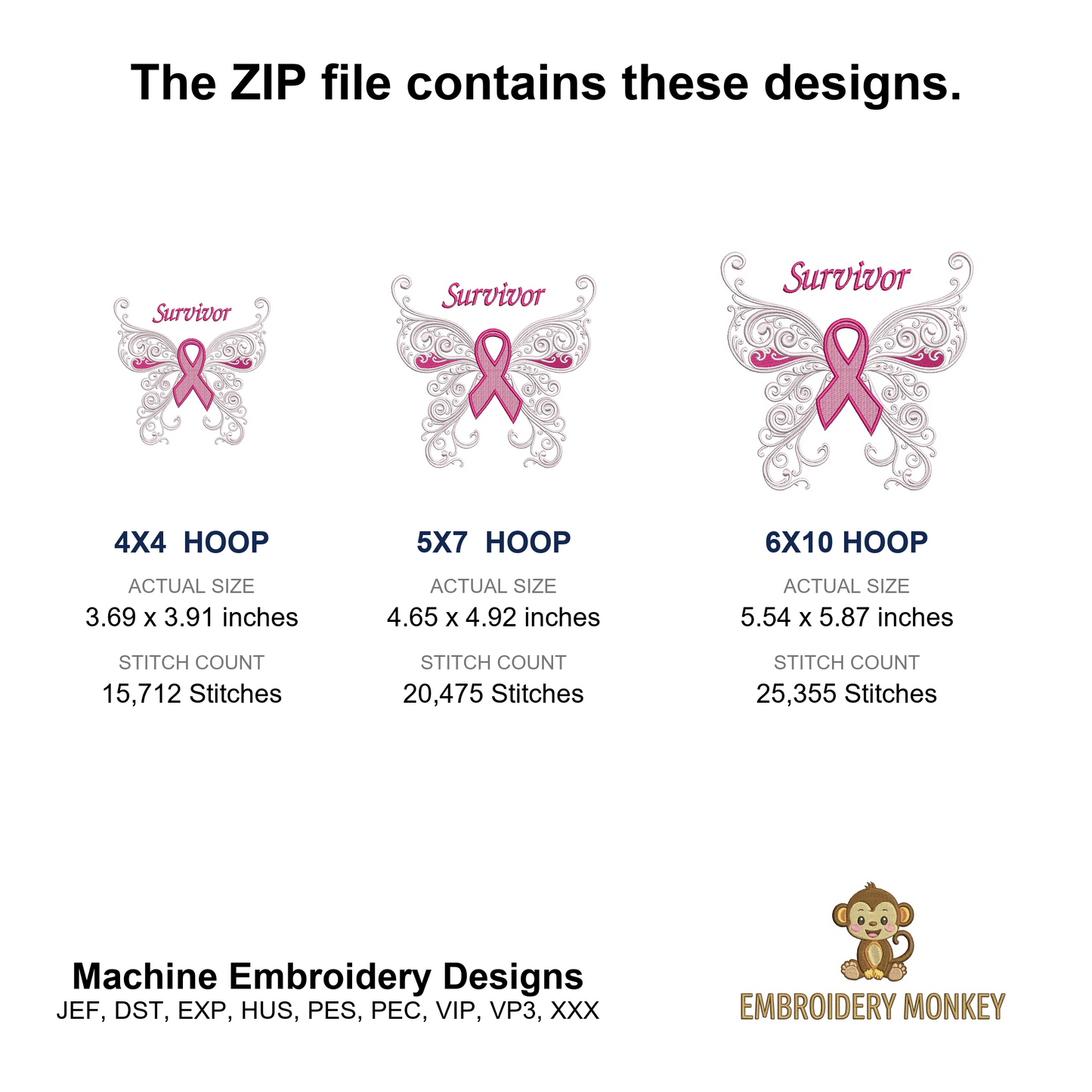 Survivor Breast Cancer Butterfly with Wings Machine Filled Embroidery Digitized Design Pattern