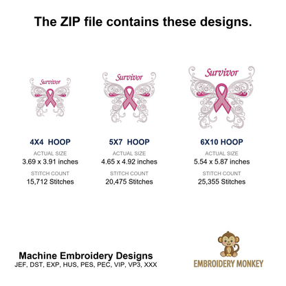 Survivor Breast Cancer Butterfly with Wings Machine Filled Embroidery Digitized Design Pattern