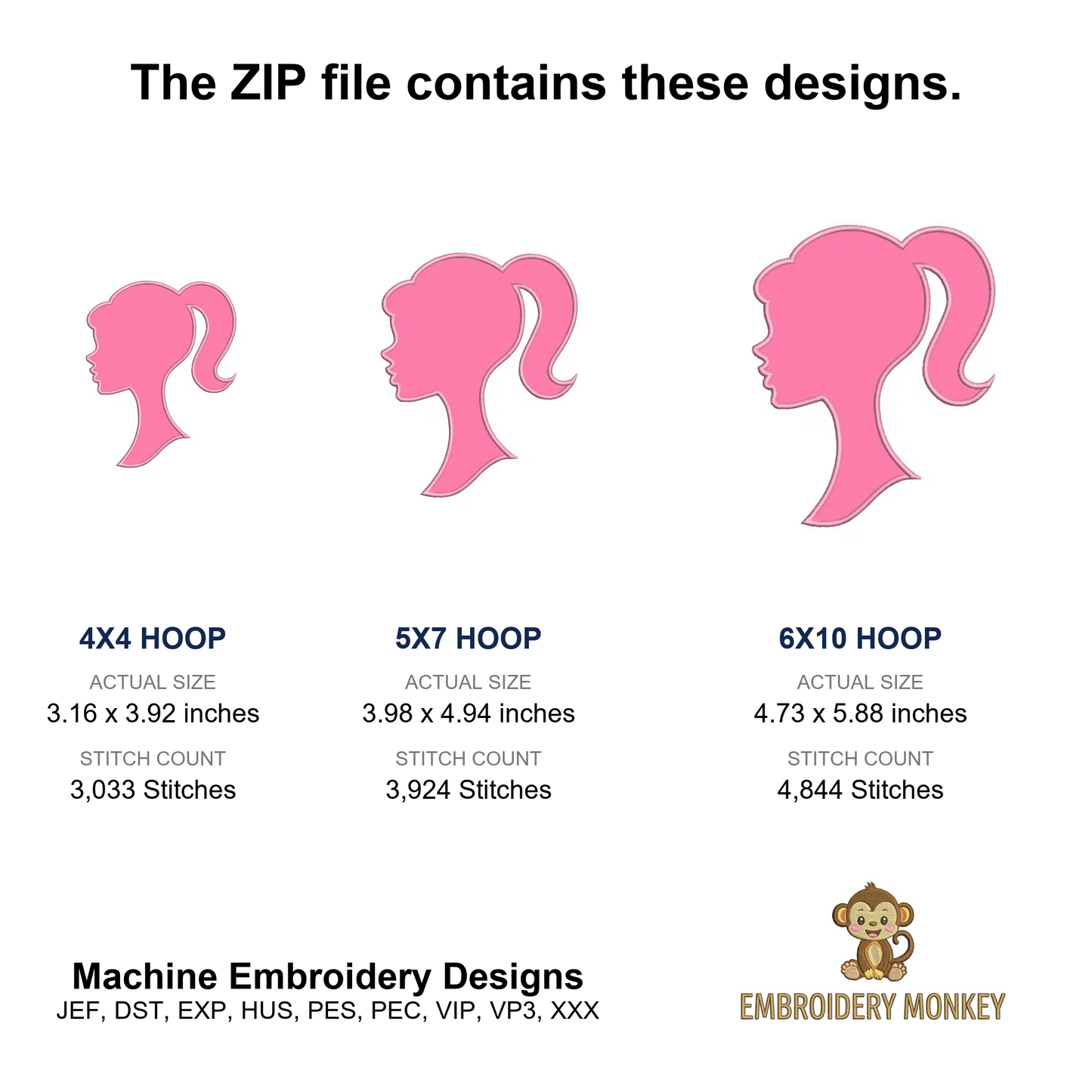 Girl Princess Head Silhouette Applique Machine Embroidery Digitized Pattern- Instant Download