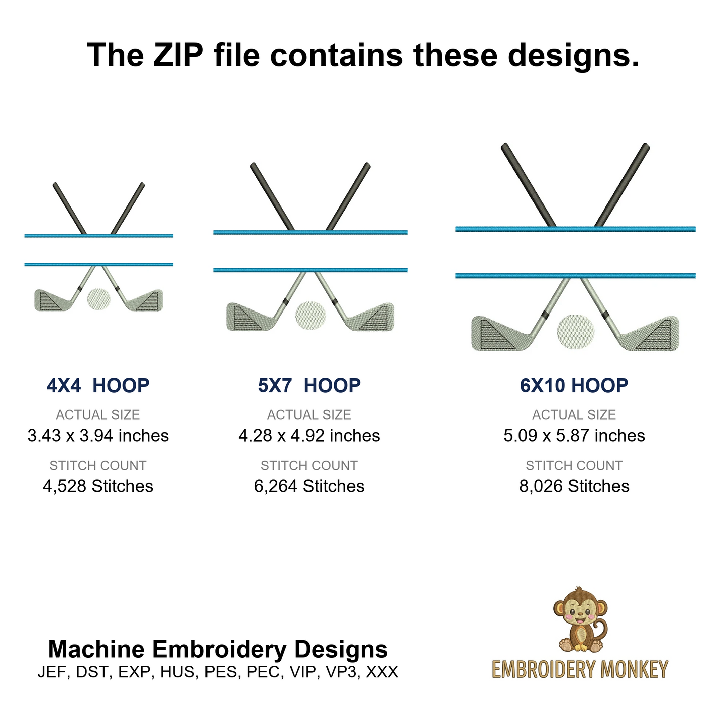Golf Club Split Machine Embroidery Digitized Design Filled Sport Pattern - Instant Download - 4x4 , 5x7, 6x10