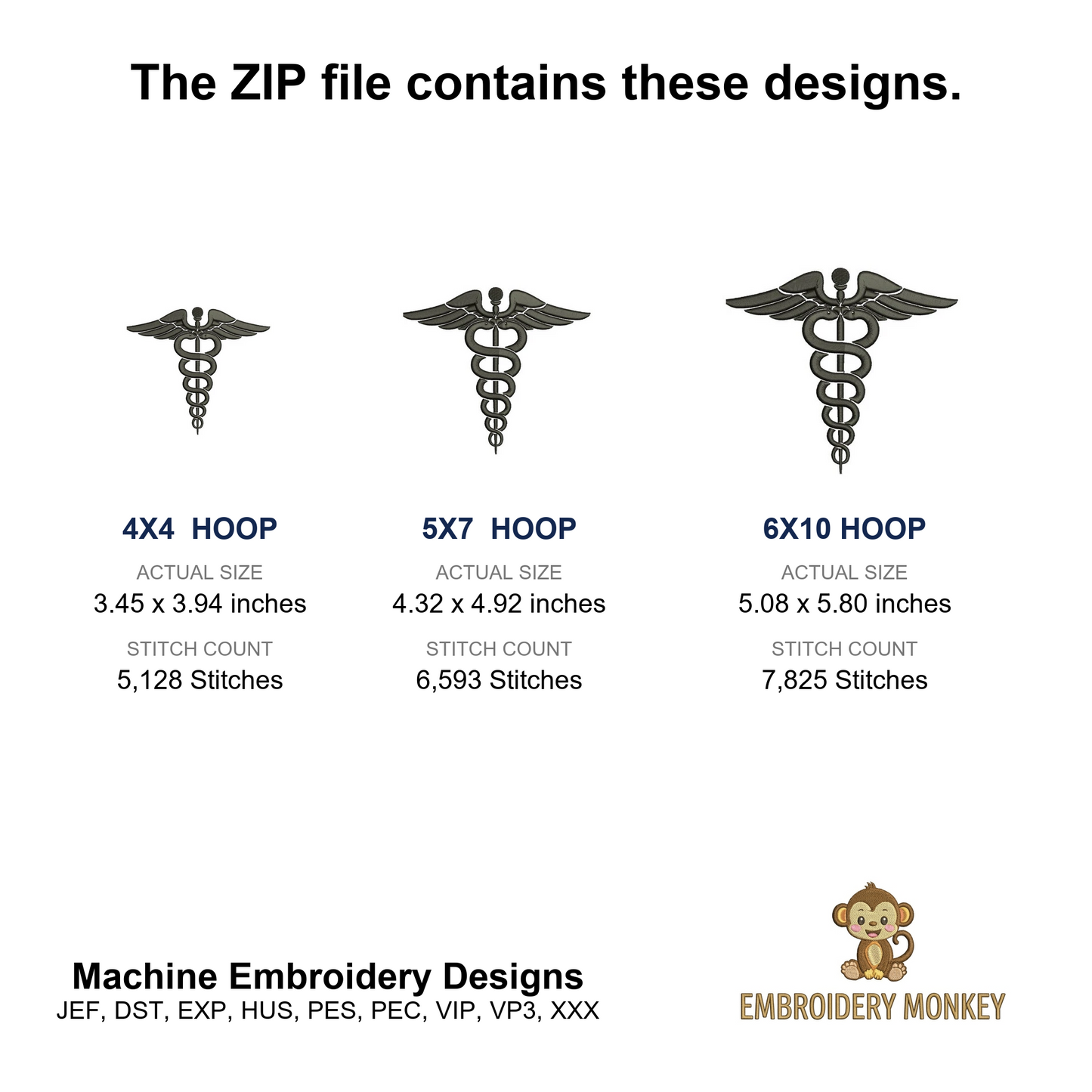 Medical Caduceus Embroidery- Instant Download Machine Embroidery Design 4x4 , 5x7, and 6x10 hoops, Nurses, Doctors, LPn