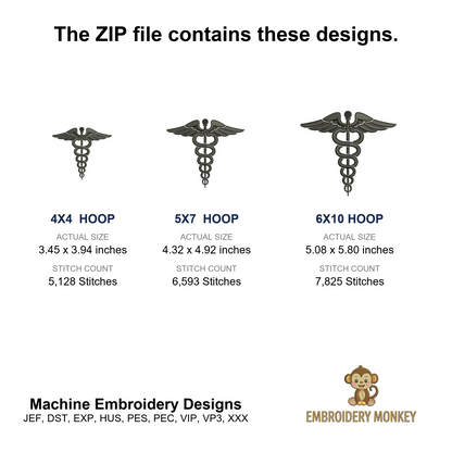 Medical Caduceus Embroidery- Instant Download Machine Embroidery Design 4x4 , 5x7, and 6x10 hoops, Nurses, Doctors, LPn