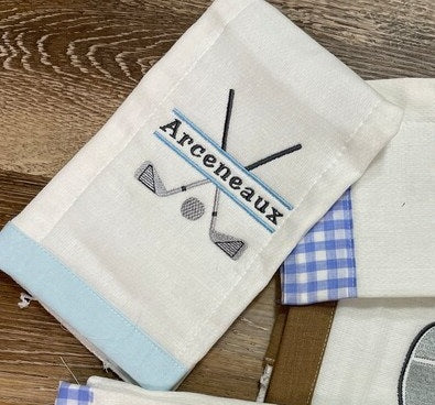 Stitch-out: Golf Club Split Machine Embroidery Design Embroidered on a White and Blue Towel