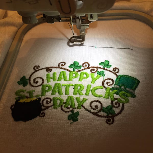 Stitch-out: Happy St. Patrick's Day Appliqué Machine Embroidery Design Showing Stitch-Out in the Hoop