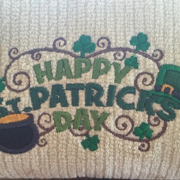 Stitch-out: Happy St. Patrick's Day Appliqué Machine Embroidery Design Stitched Out on a Sweater