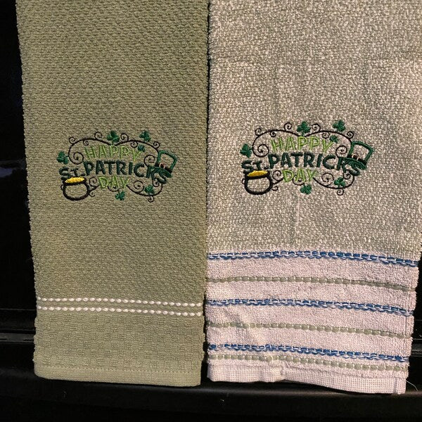 Stitch-out: Happy St. Patrick's Day Appliqué Machine Embroidery Design Stitched Out on Kitchen Towels