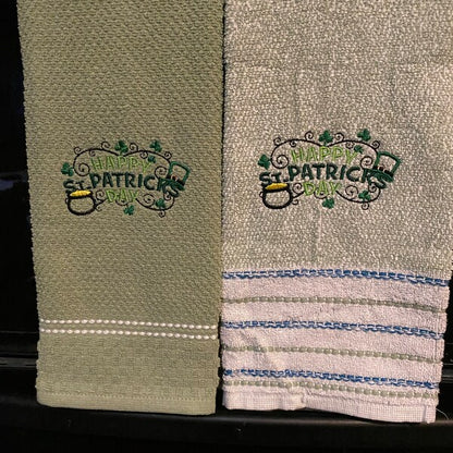 Stitch-out: Happy St. Patrick's Day Appliqué Machine Embroidery Design Stitched Out on Kitchen Towels