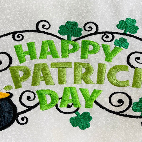 Stitch-out: Happy St. Patrick's Day Appliqué Machine Embroidery Design Stitched Out on White Fabric