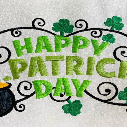 Stitch-out: Happy St. Patrick's Day Appliqué Machine Embroidery Design Stitched Out on White Fabric