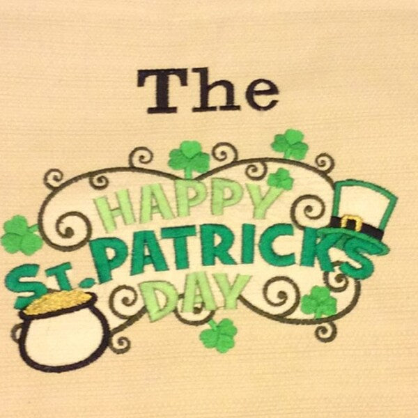 Stitch-out: Happy St. Patrick's Day Appliqué Machine Embroidery Design Stitched Out on Yellow Fabric