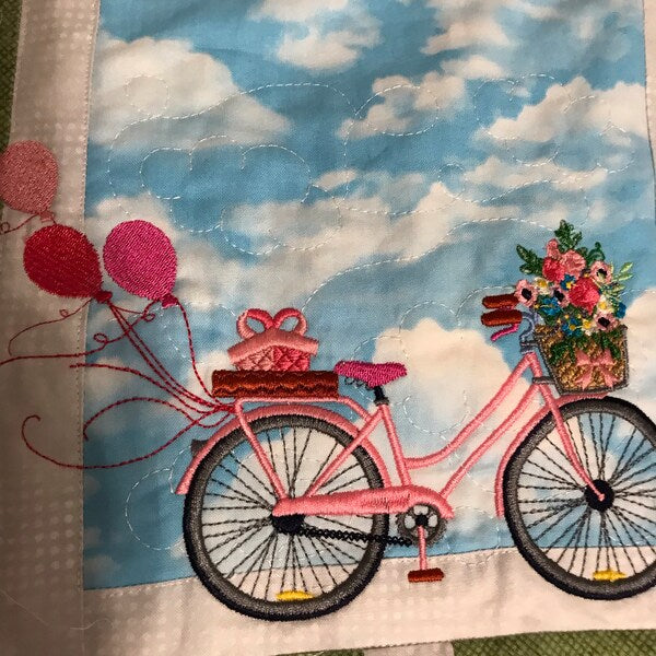 Bicycle With Flowers Machine Embroidery Design stitch-out