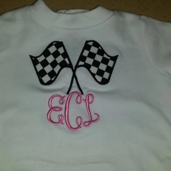 Racing Checkered Flag Applique Machine Embroidery stitch-out: Checkered Flag applique stitched out and personalized with initials.