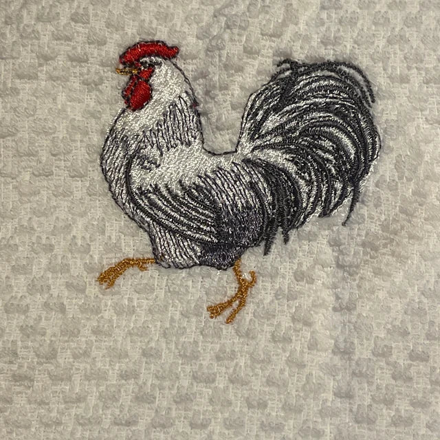 White Rooster Machine Embroidery Design stitch-out: White rooster stitched out