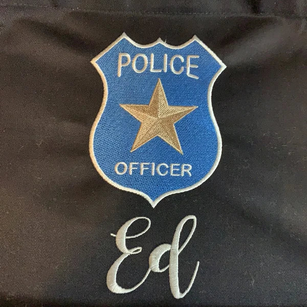 Stitch-out: Police Badge Machine Embroidery Design Embroidered on Fabric and Personalized with a First Name