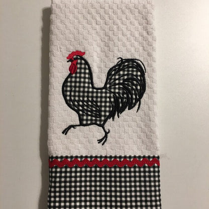 Stitch-out: Rooster Appliqué Machine Embroidery Digitized Design Pattern Embroidered on a Kitchen Towel