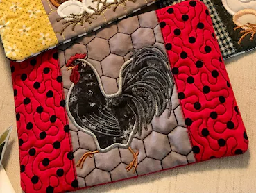 Stitch-out: Rooster Appliqué Machine Embroidery Digitized Design Pattern Embroidered on a Pot Holder