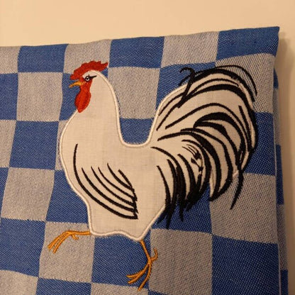 Stitch-out: Rooster Appliqué Machine Embroidery Digitized Design Pattern Embroidered on Thick Checkered Fabric