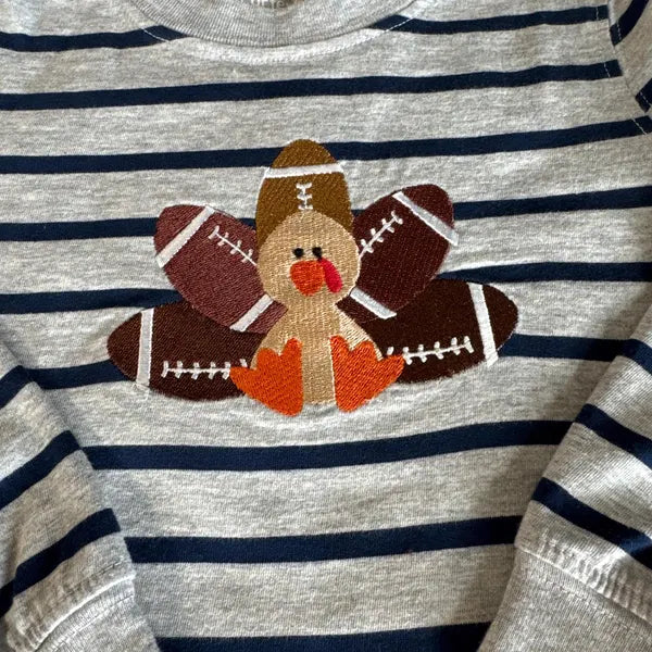 Stitch-out: Football Turkey Filled Machine Embroidery Design Embroidered on a Striped Shirt
