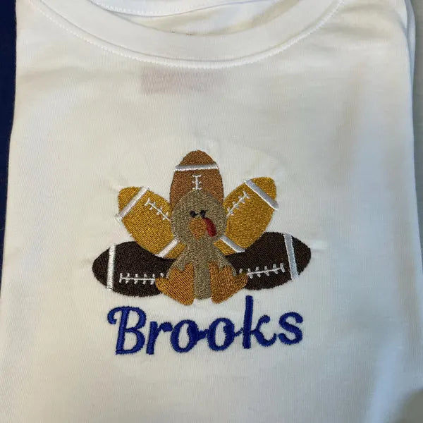 Stitch-out: Football Turkey Machine Embroidery Design Embroidered on a Shirt Personalized with Last Name