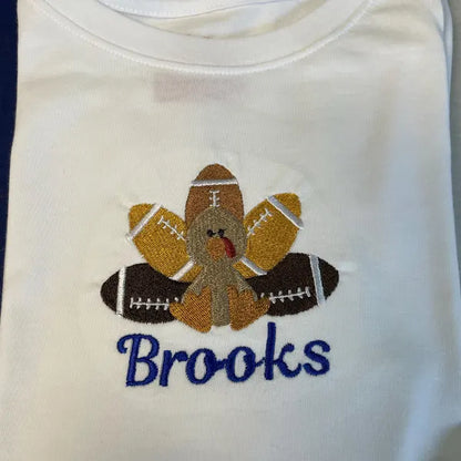 Stitch-out: Football Turkey Machine Embroidery Design Embroidered on a Shirt Personalized with Last Name