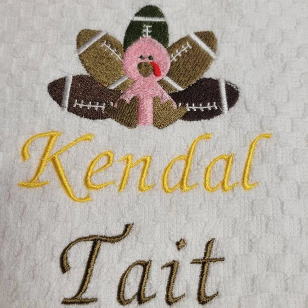 Stitch-out: Football Turkey Machine Embroidery Design Embroidered on Fabric Personalized with First and Last Name