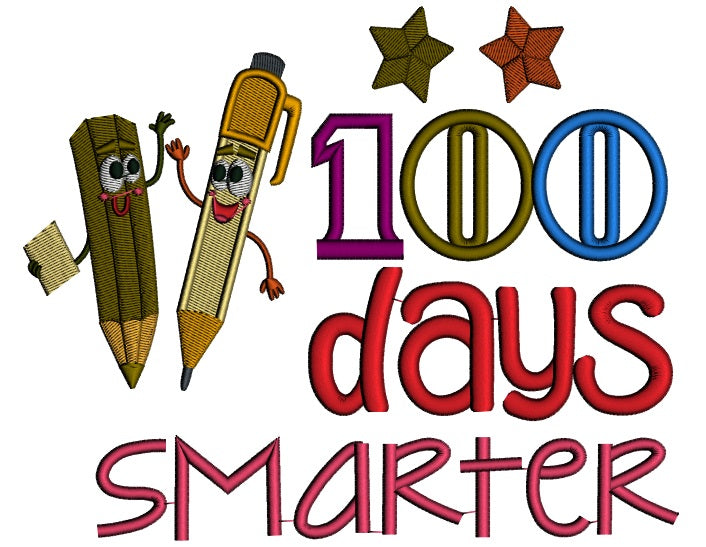 100 Days Smarter Two Pencils Applique Machine Embroidery Design Digitized Pattern