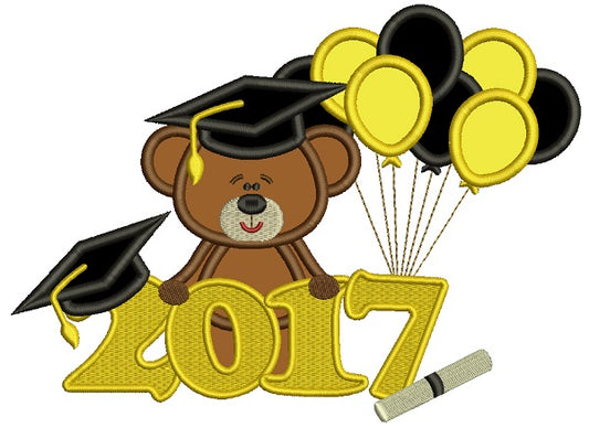 2017 School Graduation Bear With Balloons Applique Machine Embroidery Design Digitized Pattern