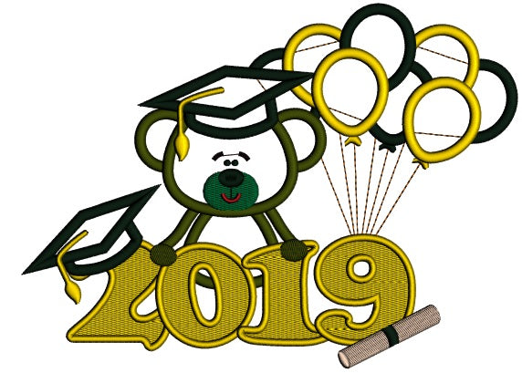 2019 Graduation Bear With Balloons Applique Machine Embroidery Design Digitized Pattern