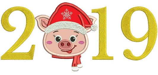 2019 Little Piggy Wearing Santa Hat New Year Applique Machine Embroidery Design Digitized Pattern