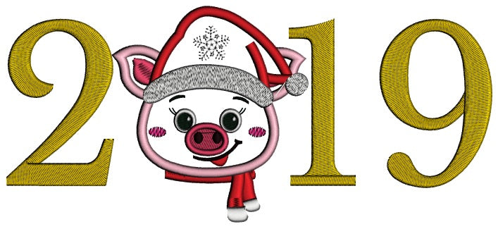 2019 Little Piggy Wearing Santa Hat New Year Applique Machine Embroidery Design Digitized Pattern