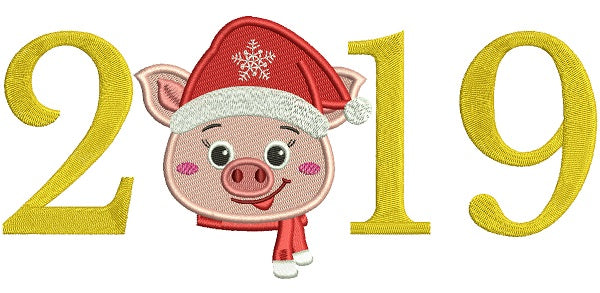 2019 Little Piggy Wearing Santa Hat New Year Filled Machine Embroidery Design Digitized Pattern
