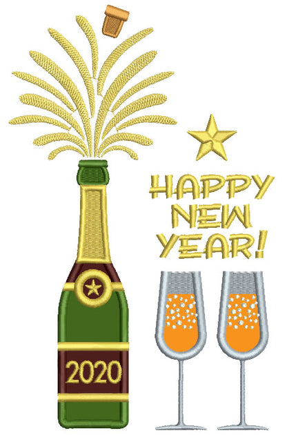 2020 Happy New Year Champagne Glasses Applique Machine Embroidery Design Digitized Pattern