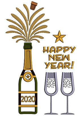 2020 Happy New Year Champagne Glasses Applique Machine Embroidery Design Digitized Pattern