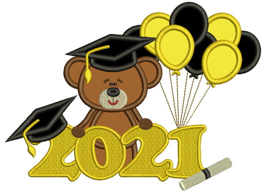 2021 Bear Graduate With Balloons Applique Machine Embroidery Design Digitized Pattern