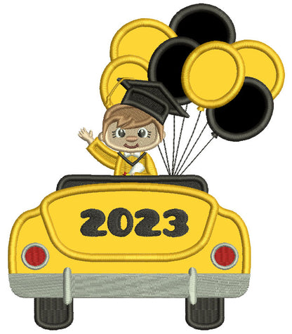 2023 Graduation Boy In The Car With Balloons Applique Machine Embroidery Design Digitized Pattern