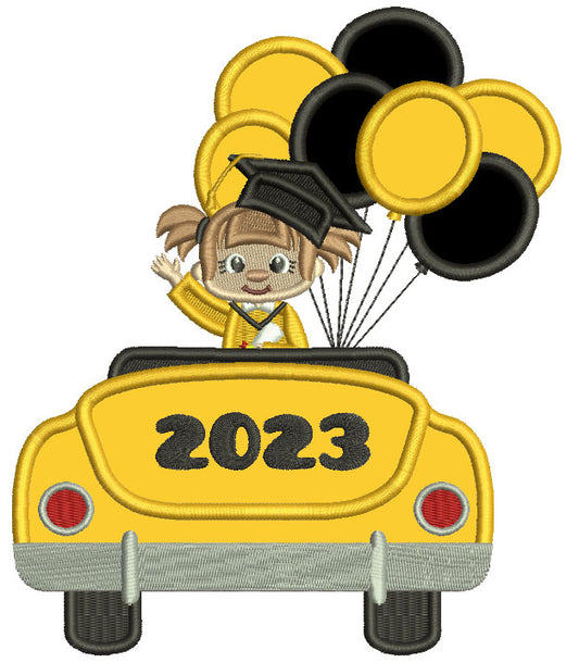 2023 Graduation Girl In The Car With Balloons Applique Machine Embroidery Design Digitized Pattern