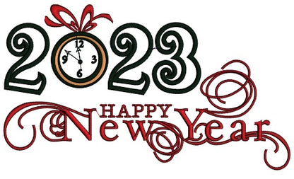 2023 Happy New Year Clock Strikes Twelve Applique Machine Embroidery Design Digitized Pattern