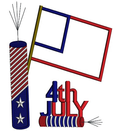 4Th of July Independence Day American Flag and Fireworks Applique Machine Embroidery Design Digitized Pattern