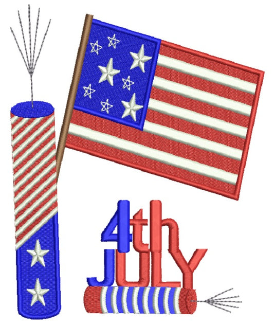 4Th of July Independence Day American Flag and Fireworks Filled Machine Embroidery Design Digitized Pattern