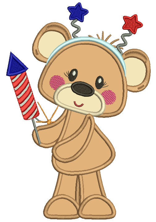 4th Of July Bear Holding Fireworks Applique Machine Embroidery Design Digitized Pattern